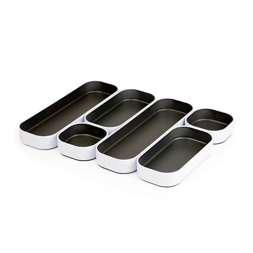 Three by Three Seattle Metal Stacking Bins Drawer Organizer, 6-Pc (Gray) | Food-safe stackable metal bins; customize your drawer layout; great for kitchen, bathroom, vanity & office drawers - color: Gray, White, size: 6 Pack