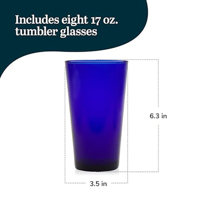 Libbey Cobalt Flare Drinking Glasses Set of 8, Classic Design Glass Cups for Soda, Water, Iced Tea and More, Dishwasher Safe Glass Cup Set for Beverages - color: Cobalt Flare