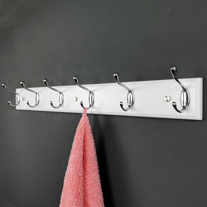 Wooden Wall Mounted Coat Rack – 25 Inch (65vcm), White with 6 Silver Hooks for Entryway, Hallway, Bedroom - size: Medium-25.6in(65cm),6 Silver Hooks, style: Modern