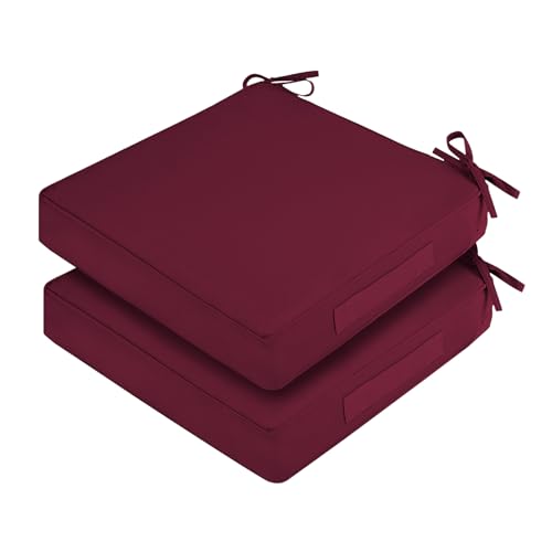 Waterproof Outdoor Chair Cushions Set of 2, Square Outdoor Seat Cushions with Ties and Removable Covers, 22 x 22 Outdoor Cushions for Patio Furniture with Portable Handle(Burgundy) - color: Burgundy, size: 22x22x3