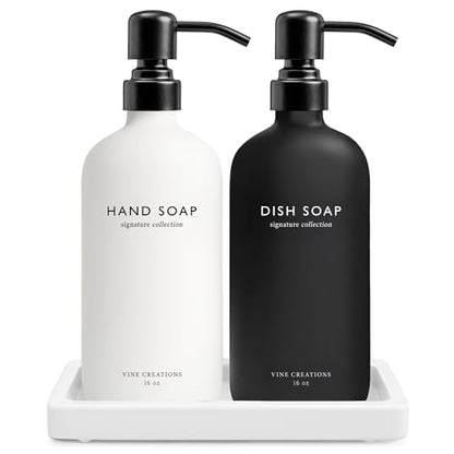 Vine Creations Glass Soap Dispenser Set, Kitchen Soap Dispenser Set with Ceramic Tray, 16 oz Dish Soap and Hand Soap Dispensers with Stainless Steel Pump Decor (White and Black Bottles/Matte Black) - color: Black and White Bottle / Matte Black Pump