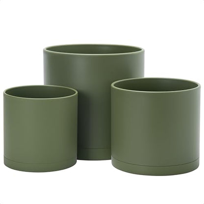 D'vine Dev 3-Pack Plastic Pots & Saucers, 6.5/8/10 in, Olive, 74-V-I-4 | Multi-Size Options, Lightweight Durable, Matte Finish, Cylinder Shape, Drainage Holes, Sleek Design, Detachable Saucer - color: Olive, size: Large