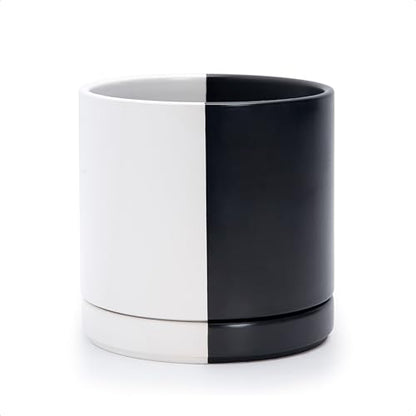 D'vine Dev 8.2 Inch Ceramic Planter Pot, Black White Split, 94-O-D-0 | Modern Cylinder Design, Drainage Hole & Saucer Included, Stable Structure, Elegant Home Accent - color: Split Monochrome Black & White, size: Medium