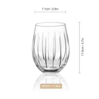 Joeyan Hand Blown Etched Stemless Wine Glasses for Red Wine,Large Carved Drinking Glass Cups Tumblers with Dots Strips Pattern for Wedding Anniversary Party Home,Set of 2, 17.5 oz, Dishwasher Safe - color: Etched Dots Stripes Patterned