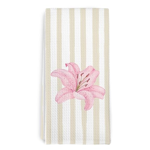 Preppy Lily Floral Kitchen Towel and Dish Towel, Lily Gifts for Girls, Pink Lilies Decor Hand Towels, Trendy Beige Striped Decorative Hand Dish Tea Towels for Nursery Bathroom, 16x24 Inch - color: Pink Lilies