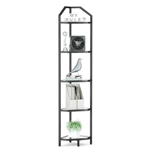 5-Tier Corner Shelf Stand, Black Corner Bookshelf, Bathroom Storage Rack Shelf, Plant Rack, Tempered Glass, Steel Frame, Modern Style for Living Room, Bathroom, Kitchen, Metallic Black - color: Classic Black