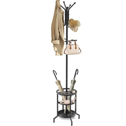 Coat Rack with Umbrella Holder, Coat Rack Freestanding | Metal Coat Tree with 12 Hooks, Coat Hanger Stand for Entryway, Umbrella Coat Rack for Bedroom, Living Room & Office