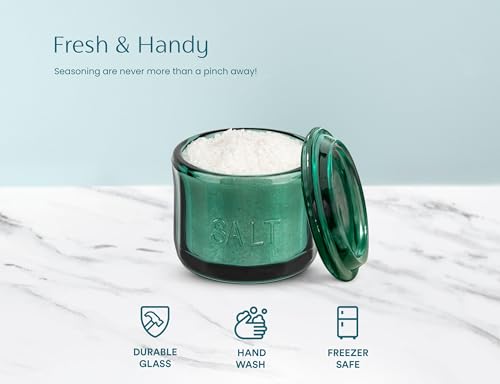 KooK Glass Salt Cellar, with Lid, Embossed Pressed Glass, Clear Storage Container, for Coffee, Sugar, Spices and Candies, 10 oz (Emerald Green) - color: Emerald Green