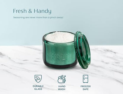 KooK Glass Salt Cellar, with Lid, Embossed Pressed Glass, Clear Storage Container, for Coffee, Sugar, Spices and Candies, 10 oz (Emerald Green) - color: Emerald Green