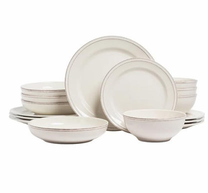 Over&back Lake Como 16 Piece Dinnerware Set Ivory – Premium Stoneware Dishes – Service for 4 – Includes Dinner Plates, Salad Plates, Bowls – Reactive Glaze Finish – Microwave & Dishwasher Safe