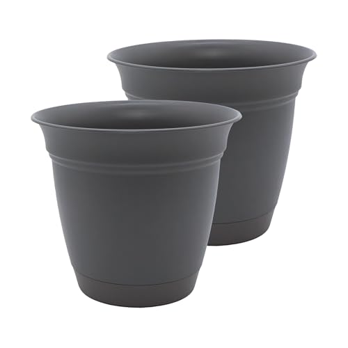 The HC Companies Eclipse Round Planter Pot, 10 Inch, Warm Gray, 2-Pack | Plastic, Attached Saucer, Drainage Holes, Lightweight, UV-Resistant, for Indoor & Outdoor Plants, Garden & Home Decor - color: Warm Gray, size: 10" (Pack of 2)