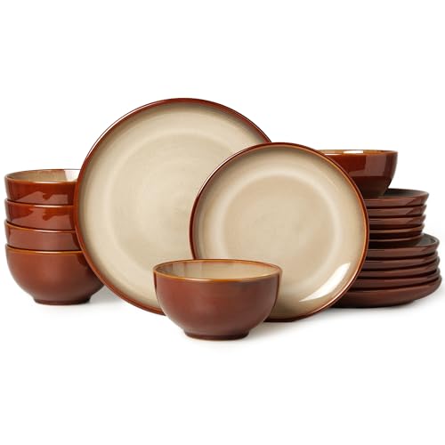 Ceramic Dinnerware Sets for 6, 18 Pieces Stoneware Plates and Bowls Sets, Chip and Crack Resistant Dishes, Dishwasher & Microwave Safe Dishware Sets, Brown Yellow - color: Brown Yellow, size: 18pcs (for 6)