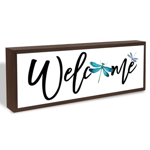 Welcome Wood Home Decor Signs, Welcome Dragonfly Wood Plaque, Home Tabletop Desk Decorative Sign, Sign For Farmhouse Yard Garden, Hanging Decorative Wooden Plaque 9.5x3.1 Inches(A17) - color: welcome 17
