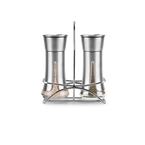 Aelga Salt and Pepper Shakers with Holder, Salt Shaker for the Kitchen with Adjustable Pour Holes for Himalayan, Kosher, and Sea Salts - color: Silver