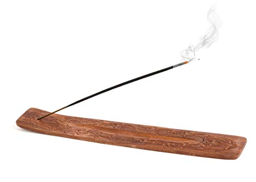 Incense Garden Wood Incense Holder - Carved Wooden Ash Catcher - Hand Stained - 10 inches Long (Brown)