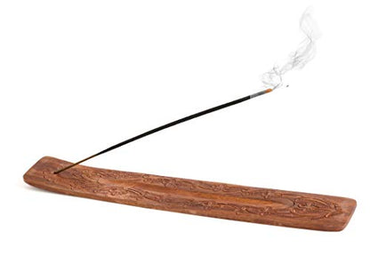 Incense Garden Wood Incense Holder - Carved Wooden Ash Catcher - Hand Stained - 10 inches Long (Brown)