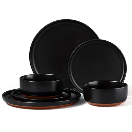 E-far 6-Piece Stoneware Plates and Bowls Sets, Dinnerware Sets for 2, Ceramic Dishware Dishes Set with Terracotta Base, Chip & Scratch Resistant, Microwave & Dishwasher Safe, Matte Black - color: Matte Black, size: Service for 2