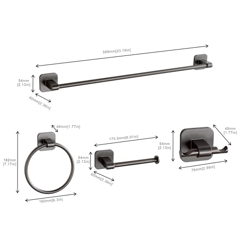 4 Pieces Bathroom Hardware Set, 24 inch Towel Bar, Towel Racks, Robe Towel Hooks, Toilet Paper Holder Wall Mounted Or Self-Adhesive,Stainless Steel and Plastic Bathroom Accessories Kit(Gray) - color: Gray