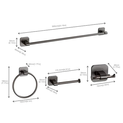 4 Pieces Bathroom Hardware Set, 24 inch Towel Bar, Towel Racks, Robe Towel Hooks, Toilet Paper Holder Wall Mounted Or Self-Adhesive,Stainless Steel and Plastic Bathroom Accessories Kit(Gray) - color: Gray