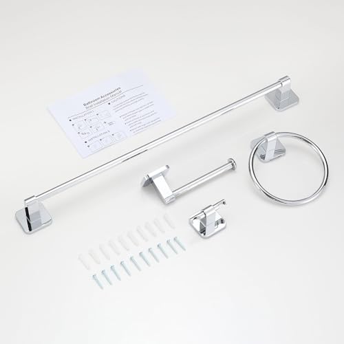Bathroom Accessories Set, 4 Pieces Bathroom Hardware Set, 24 inch Towel Bar, Towel Racks, Robe Towel Hooks, Toilet Paper Holder Wall Mounted Or Self-Adhesive,Stainless Steel and Plastic (Chrome) - color: Chrome