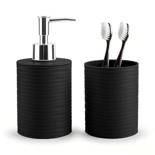 RRM Bathroom Accessory Set, Black Bathroom Set for Modern Bathroom Decor | Includes Soap Dispenser and Toothbrush Holder, Boho Bathroom Decor - color: Black