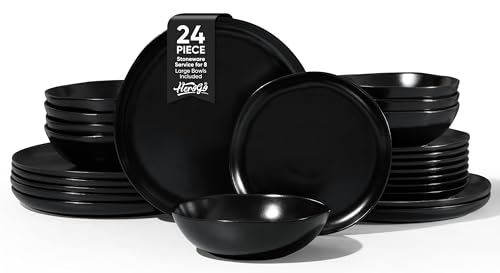 Herogo Stoneware Dinnerware Sets for 8, 24 Piece Ceramic Dinner Dishes Set, Irregular Handmade Plates and Bowls Dishware, Crack and Scratch Resistant, Reactive Glaze, Matte Black - color: Matte Black, size: 8 Set (24pcs)