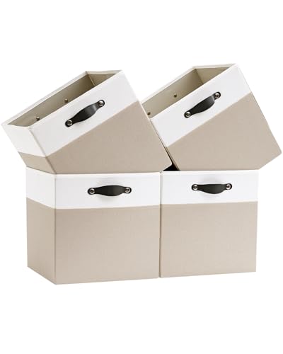 Cube Storage Bins | 13"x15"x13", Beige & White, 4 Pack | Multi-Size | 2X Thick Support Board | Vegan Leather Handles | 7.7 oz/yd² Fabric | Drawer Insert Basket Fits KALLAX - color: Candlelit Beige & White, size: 13"x15"x13"