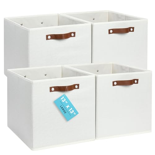 OrganiHaus 13x13 Cube Storage Bins, Set of 4 - Fabric Storage Cubes | Sturdy, holds its shape; odor-free; fits IKEA Kallax and Expedit; vegan leather handles - color: Off-White, size: (13x13) Leather Handles