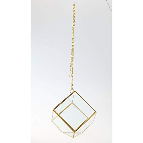 Handblown Geometric Hanging Glass Terrarium with Chain - 4.5" - Gold and Clear