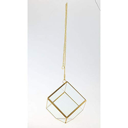 Handblown Geometric Hanging Glass Terrarium with Chain - 4.5" - Gold and Clear