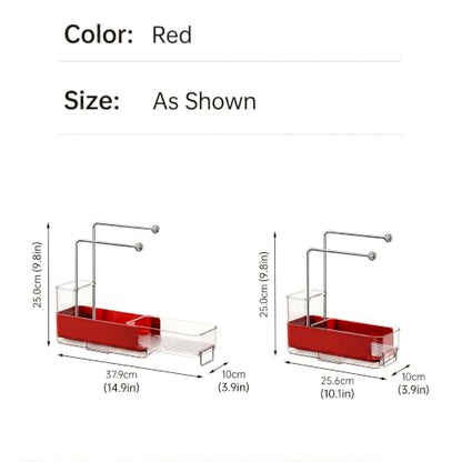 Expandable Kitchen Sink Caddy 25-38cm, 360° Rotating Sponge Holder & Brush | Red, large, stretchable 25-38cm. Side brush holder, triple drainage, rust-proof. Ideal for sponge & kitchen sink accessories. - color: Red