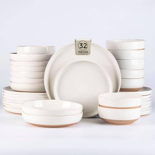 AmorArc Dinnerware Sets for 8, 32 Pieces Ceramic Plates and Bowls Set | Scratch Resistant Stoneware Dishes Set, Dishwasher & Microwave Safe, Light Beige - color: Light Beige, size: Service For 8(32Pcs)
