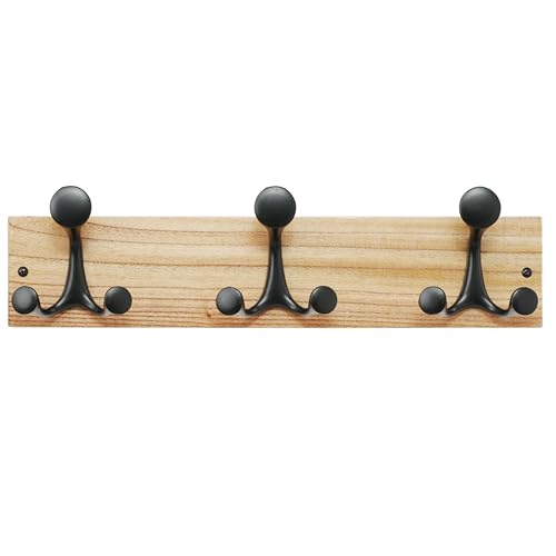SKOLOO 17-Inch Wood Coat Rack Wall Mount with 3 Triple Hooks - Ideal for Family Entrances, Classrooms, and Pet Supplies Storage - Perfect Coat Hooks for Wall, Black on Natural - color: Black on Natural, size: 17 inch with 3 hooks
