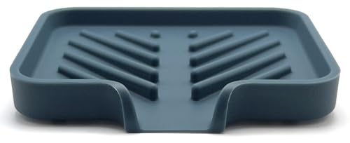 Silicone Soap Dish Tray and Sponge Holder with Drain Chute and Feet | 3-Way Sloped Design | Bathroom and Kitchen Sink Organizer Caddy (Smoky Blue, 5"x4", 3.5 Ounces) - color: Smoky Blue, size: 5"x4"