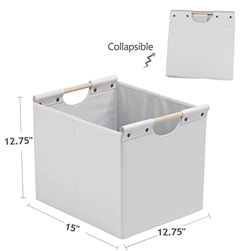 HOONEX Large Collapsible Storage Bins, Linen Fabric, Pack of 2, Storage Baskets with Wooden Carry Handles and Sturdy Heavy Cardboard, for Home, Office, Car, Nursery, White - color: White