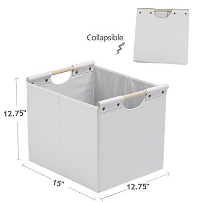 HOONEX Large Collapsible Storage Bins, Linen Fabric, Pack of 2, Storage Baskets with Wooden Carry Handles and Sturdy Heavy Cardboard, for Home, Office, Car, Nursery, White - color: White