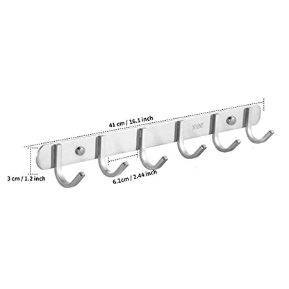Coat Hook Wall Mount - Towel Rack with 6 Hooks Hanger for Hanging Clothes, Bags, Keys, and Towels Bathroom, Entryway, Door, 304 Stainless Steel Brushed Nickel - size: 6S hooks