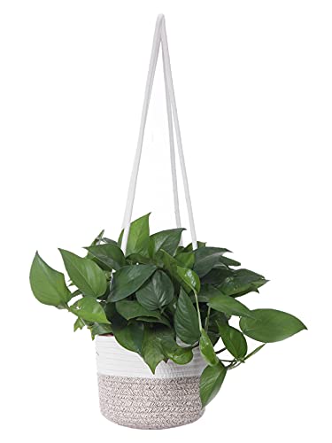 Hanging Planter Basket Jute Rope Woven Plant Hangers Indoor Hanging Plant Holder Up to 7" Pot Macrame Modern Storage Organizer Home Decor (White & Brown) | Indoor plant hangers with macrame design. Modern storage organizer for home decor. Woven cotton rop