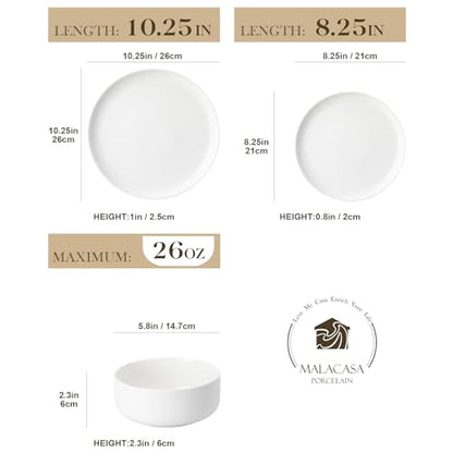 MALACASA Plates and Bowls Sets, 24 Pieces Modern Porcelain Dinnerware Set for 8, Ceramic Dishware Dishes White Kitchen Dinner Dining Ware Set, Microwave and Dishwasher Safe, Series LUNA | Modern Ceramic Dishware,Kitchen Dining Ware,Microwave and Dishwashe