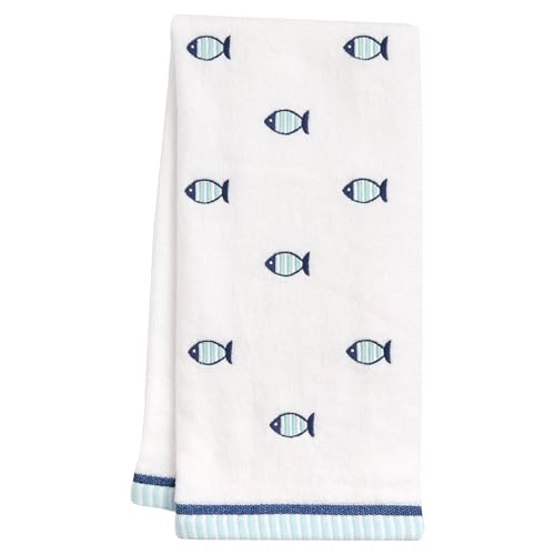 Ritz 2-Piece Cotton Velour Bathroom Hand Towel Set, Embroidered Allover Fish Design, White & Blue Nautical Decorative Towels for Lake House, Beach, Coastal Decor, 16” x 26” - color: Allover Fish, size: 2-Pack Hand Towels