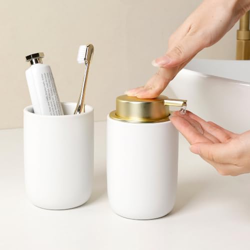 BosilunLife Lotion Pump Dispenser for Bathroom, Kitchen, Countertop | Hand Soap Dispenser Bathroom Ceramic Dish Liquid Soap Dispenser (White with Gold, Liquid Pump) - color: White&gold-1 Pack