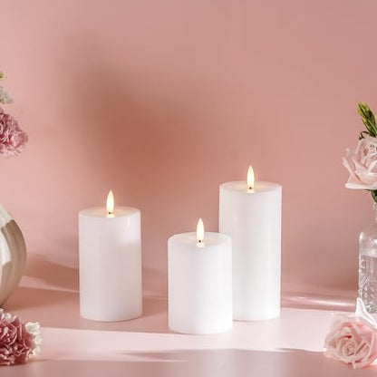 Stmarry White Flameless Candles with Remote and Timer, Real Wax Made LED Pillar Candles Battery Operated with 3D Flickering Flame - 3" x 4",5",6" - Set of 3 - color: White