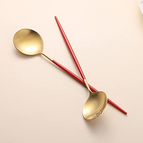 Salad Servers,Spoon and Fork Set 11.41 inch,18/10 Stainless Steel Salad Serving Titanium Plating (Red gold) - color: Red/Gold