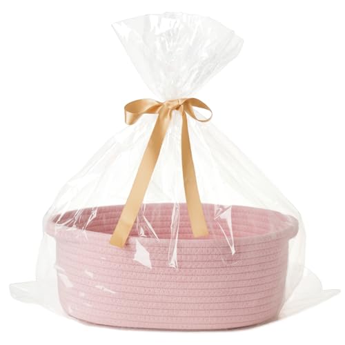 2 Pack Small Woven Gift Basket Empty with Bag & Ribbon - Gifts for Mom, Baby Shower, Birthdays & Raffle - Cotton Rope Storage Basket for Dog Toys or Shelf - 12"x8"x5", Pink - color: Pink, size: 2 Packs