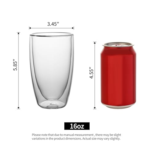 NIRA.Z 2 Pack 16oz Double Wall Glass Coffee Mugs, No Hole Bottom, Insulated Borosilicate Glass Coffee Cups, Clear Mugs for Hot & Cold Beverages, Perfect for Espresso, Latte, Tea, Cappuccino