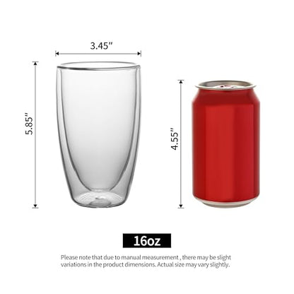 NIRA.Z 2 Pack 16oz Double Wall Glass Coffee Mugs, No Hole Bottom, Insulated Borosilicate Glass Coffee Cups, Clear Mugs for Hot & Cold Beverages, Perfect for Espresso, Latte, Tea, Cappuccino