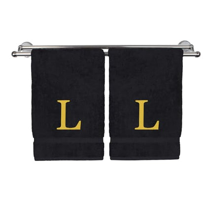 Monogrammed Hand Towel, Personalized Gift, Set of 2- Gold Block Letter Embroidered Towel - Extra Absorbent 100% Turkish Cotton - Soft Terry Finish - Initial L Black - color: Black & Gold, size: Initial L
