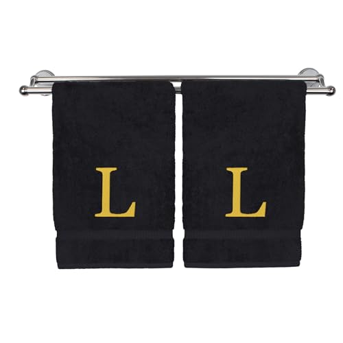 Monogrammed Hand Towel, Personalized Gift, Set of 2- Gold Block Letter Embroidered Towel - Extra Absorbent 100% Turkish Cotton - Soft Terry Finish - Initial L Black - color: Black & Gold, size: Initial L