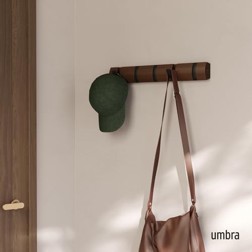 Umbra Flip Coat Rack, Wall Mounted 5-Hook Space Saving, Walnut/Black | Real wood and steel build, retractable hooks fold flat, holds coats bags and scarves, easy install - color: Walnut/Black, size: 5-Hook