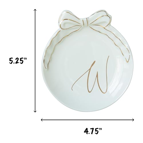 COLLECTIVE HOME Ceramic Jewelry Tray, Monogram Trinket Dish with Bow (W) | Mothers Day Graduation Christmas Birthday Gifts for Women, Bridesmaid Proposal Gifts, Features Real Gold Trim & Gift Box - color: W